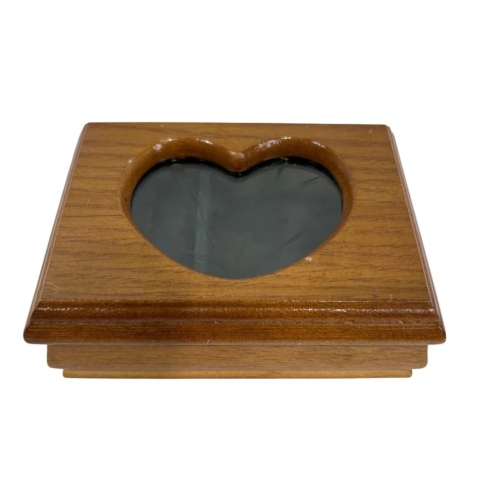 Vintage Wooden Jewelry Box Heart Etched Glass Floral Inlay Green Velvet Lining